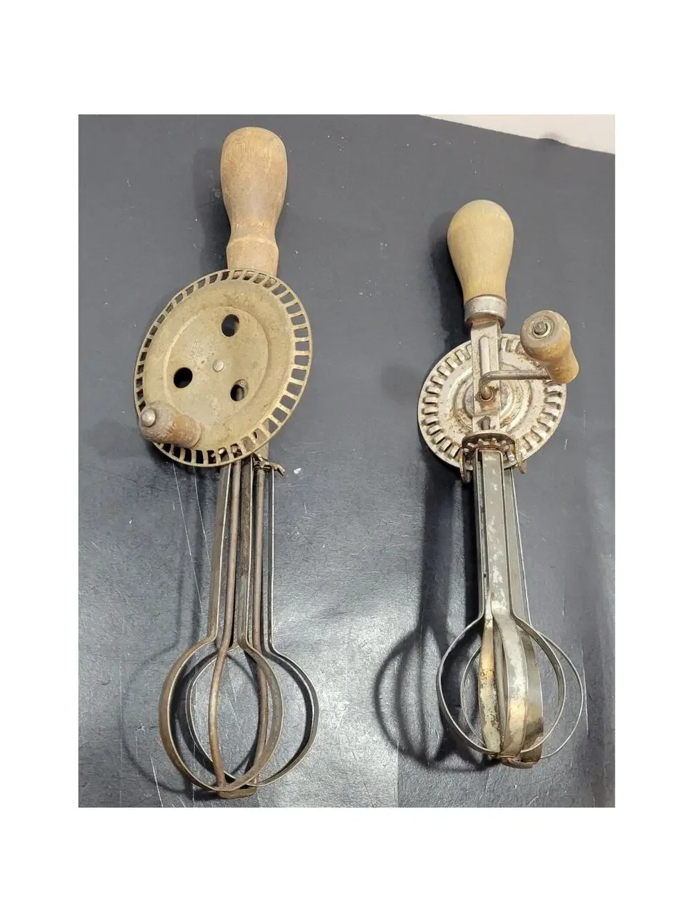 Vintage Antique Wood Handled Hand Mixer Egg Beaters Rustic - Lot of 2